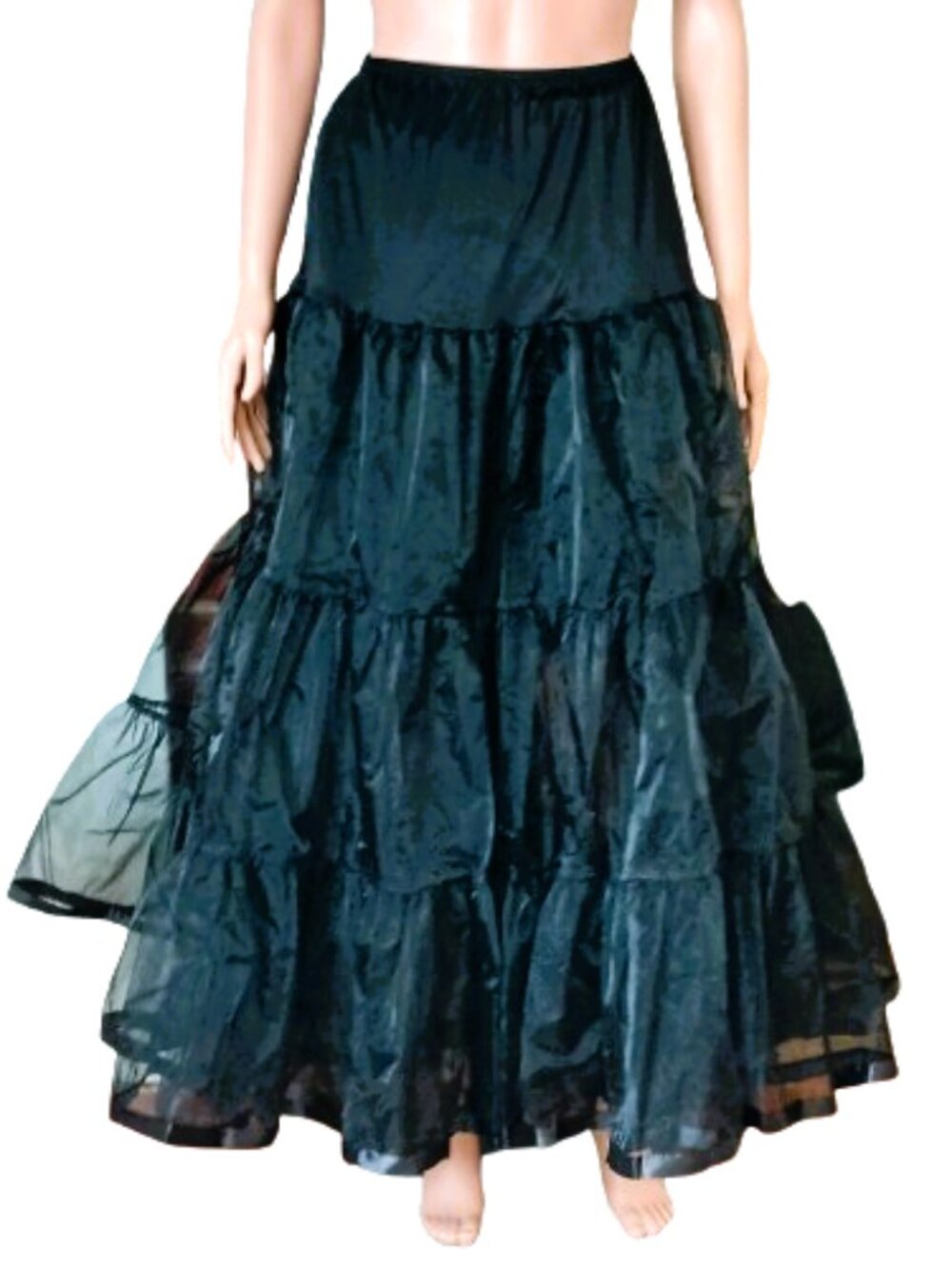 Women Layered Black Long Crinoline A-line Floor Length Tiered Petticoat Slip